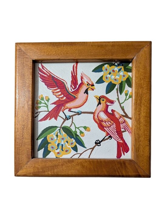 None Other - Vintage Paint by Number Cardinal red Birds Yellow Flowers wooded 10 in Folk art